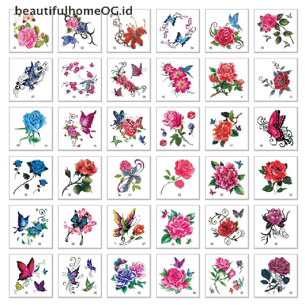 // Beauty// 66Pcs Bunga Kupu-Kupu Seni Tubuh Tato Temporer Stiker Tato Tahan Air **