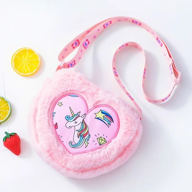 Tas Selempang Unicorn Anak Bulu Halus Sling Bag Cewek Kado Love Karakt