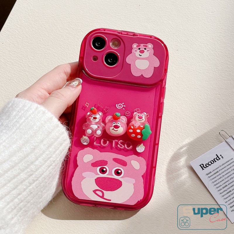 Casing Case Kartun Kompatibel Untuk iPhone 7Plus XR 11 Pro Max7 8 14 Plus 14 12 13 Pro MAX X XS MAX SE 3D Flip Make Up Cermin Beruang Strawberry Lucu Manyo Mainan Shockproof Soft Cover