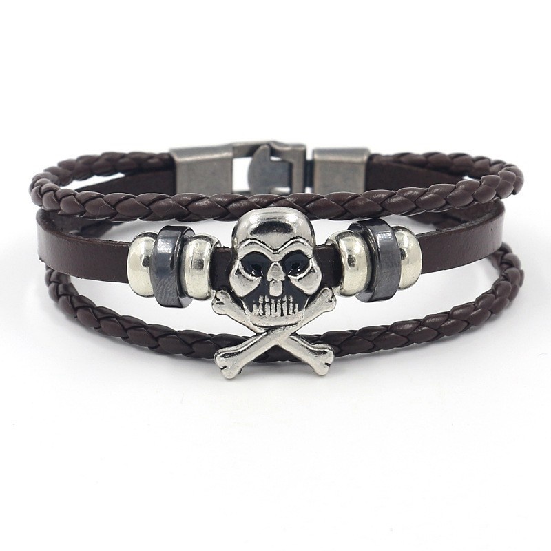 [Z H Perhiasan] Vintage Rock Skull Gelang Kulit Asli Fashion Pria Dan Wanita Anti Karat Multilayer Manik-Manik PU Gelang Punk Pesta Perhiasan Aksesoris