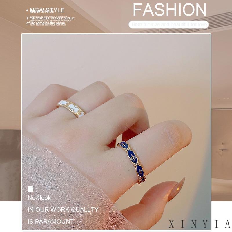 【COD】Cincin Wanita Pola Putih Fashion Vintage Ins Temperamen Korea Cincin Silang Biru