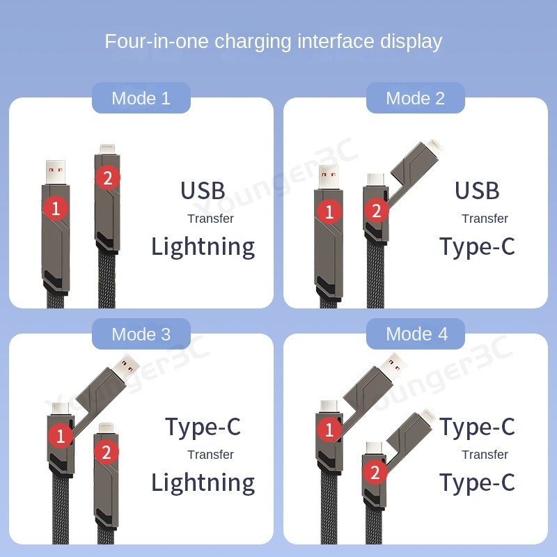 4in1 100W Kabel Pengisian Cepat USB Tipe C PD Charger Kabel Data Multi-Perangkat Mendukung 6A Flash Charging Wire Untuk ios Tipe C