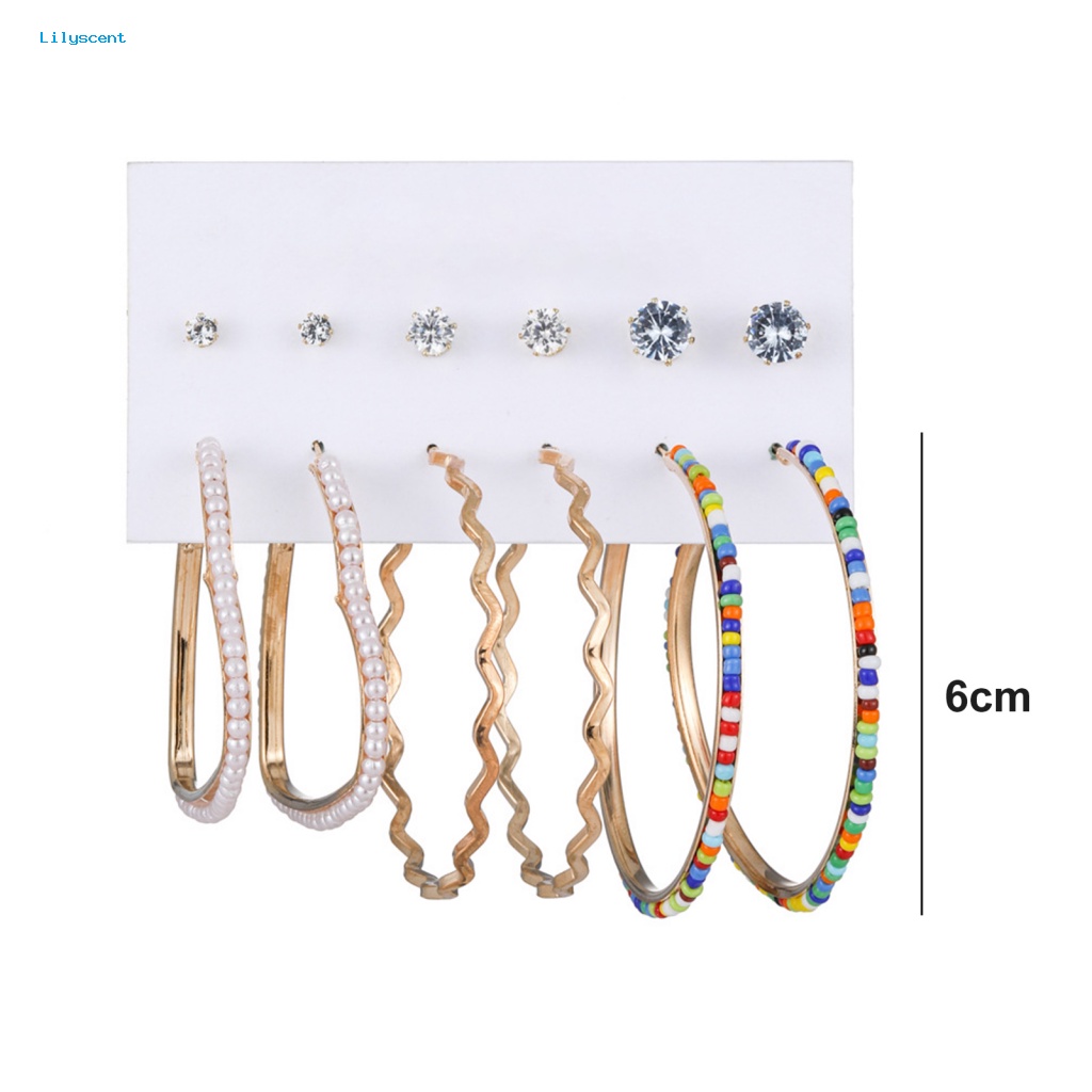 Lilyscent 6pasang Good Gloss Ear Studs Perhiasan Hadiah Lingkaran Anting Telinga Studs Pakaian Pesta Malam Geometris