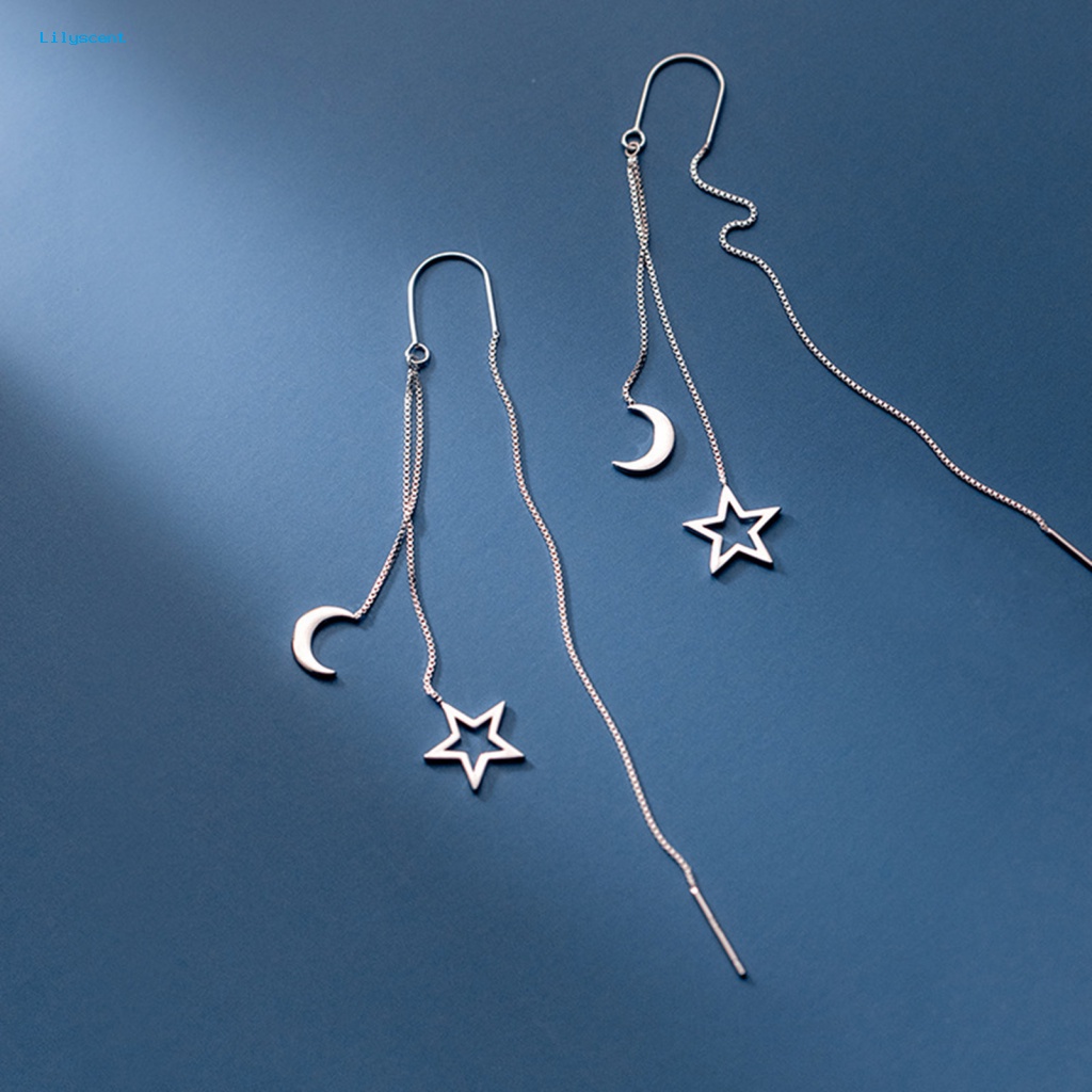 Lilyscent 1pasang Anting Linear Ringan Perhiasan Aksesoris Bulan Bintang Liontin Wanita Linear Earrings Warna Perak