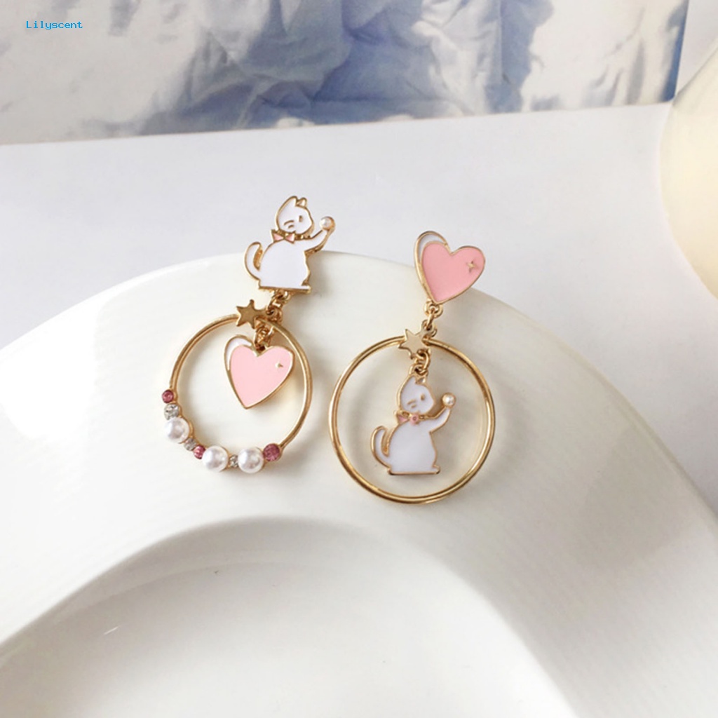 Lilyscent 1pasang Electroplating Wanita Anting Perhiasan Aksesoris Kartun Kucing Cinta Hati Gadis Drop Earrings Ring