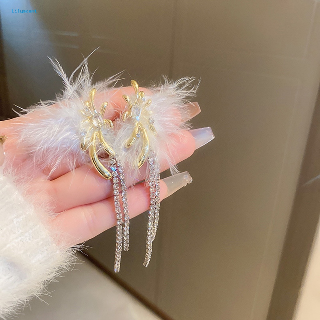 Lilyscent 1pasang Nyaman Dipakai Menjuntai Anting Perhiasan Aksesoris Biru Faux Kristal Bulu Menjuntai Anting Temperamen