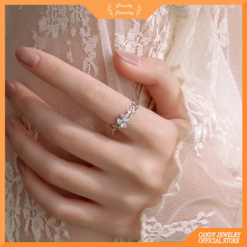 Perhiasan Cincin Jari Telunjuk Model Terbuka Bentuk Daun Clover Aksen Berlian Zircon Gaya Korea Untuk Wanita