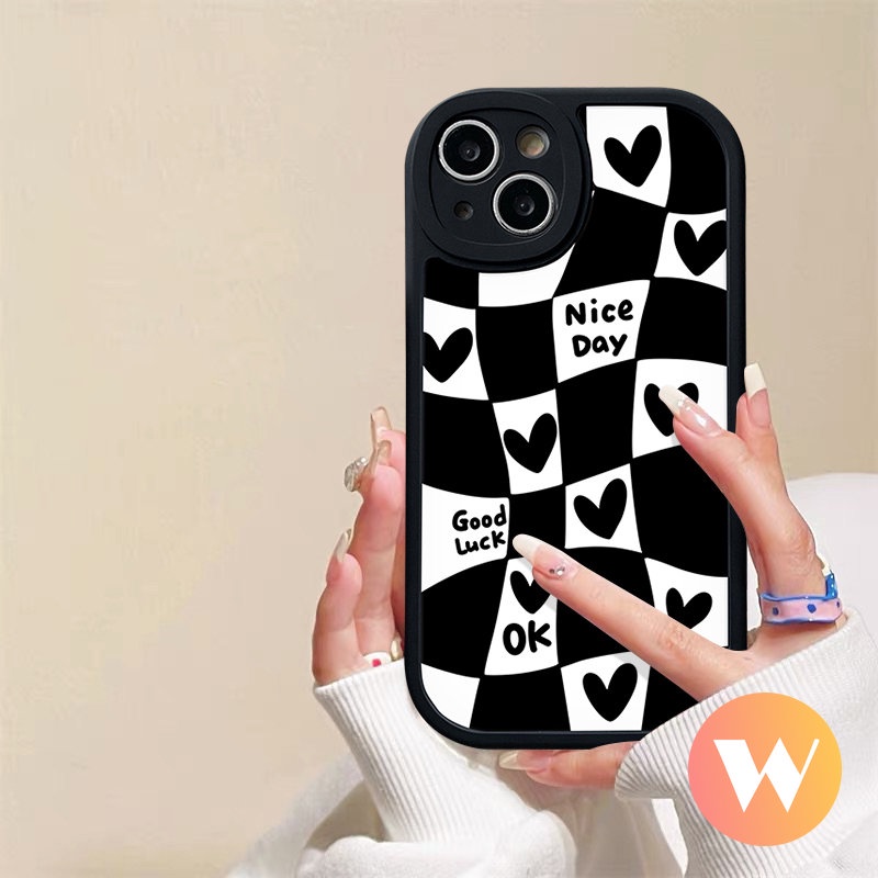 Lucu Blok Tidak Teratur Hitam Putih Casing Kompatibel Untuk IPhone 7plus XR 11 13 12 14 Pro Max 7 8 6 6s plus XS X Max SE 2020 Lembut Tpu Kembali Pasangan Cinta Hati Case