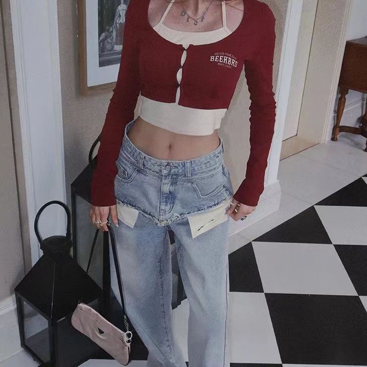 Red BeerBro Amerika Palsu Dua Potong Lengan Panjang T-shirt Wanita Musim Semi dan Musim Gugur Pendek Street Hot Girl Atasan Ketat dengan bottoming Kemeja