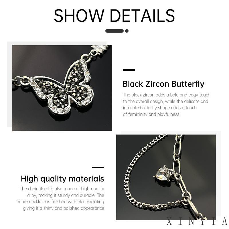 【Bayar di tempat】Kalung Rantai Choker Desain Kupu-Kupu Hati Rumbai 17KM Bahan Zirkon Warna Hitam Untuk Wanita
