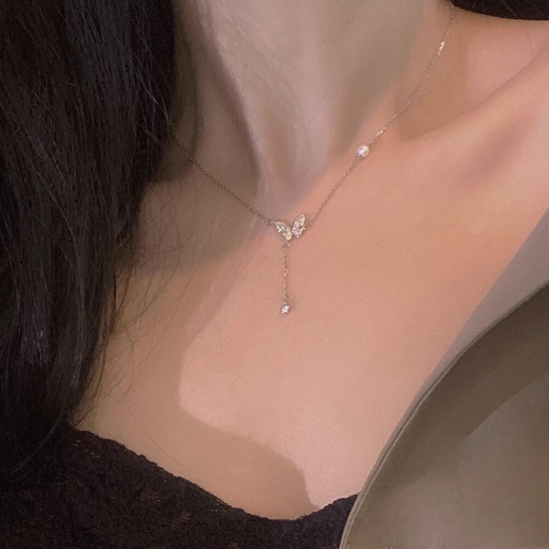 Roselife Korea Halus Perak Rumbai Rantai Mutiara Berlian Imitasi Kupu-Kupu Liontin Kalung Untuk Wanita Gadis Korea Fashion Tulang Selangka Rantai Kalung Perhiasan Aksesoris