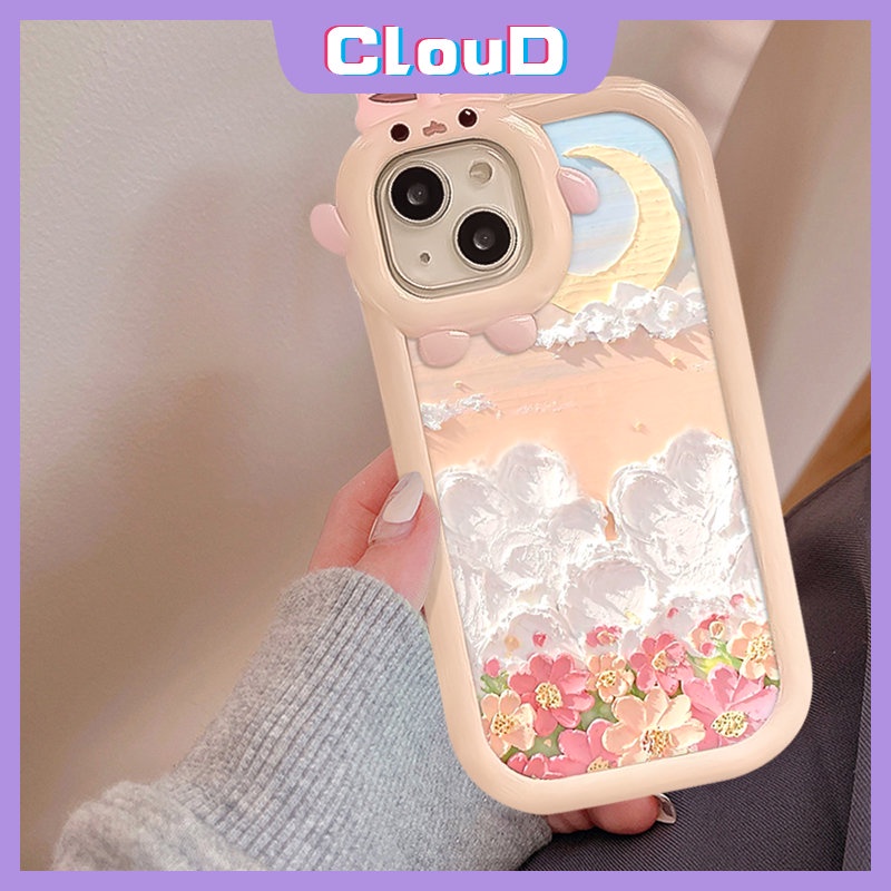 IPHONE Dicat Lukisan Minyak Bunga Bulan Telepon Case Kompatibel Untuk Iphone11 13 14 12 Pro Max 7Plus X XR XS Max 6s 14 8 7 6 Plus SE 2020 Lucu 3D Ikatan Simpul Kecil Lensa Monster Lembut Cover Tpu