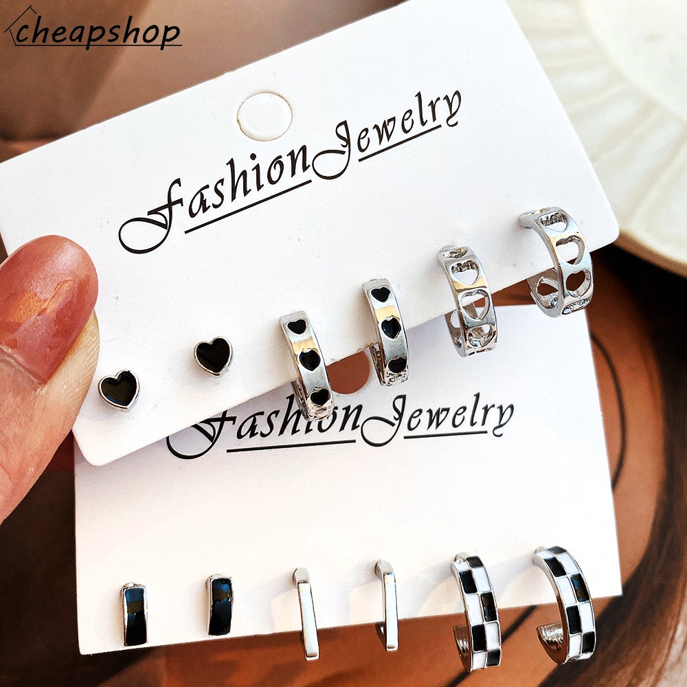 Ifyou Anting Hoop Minyak Drop Sederhana Hitam Putih Checkerboard Heart Stud Earrings Untuk Perhiasan Aksesoris Wanita