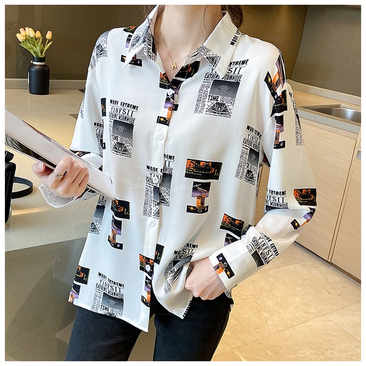 2023 COD New Fashion Korean White Letter Print Casual Work Long Sleeve Women Shirt Kemeja Wanita Lengan Panjang