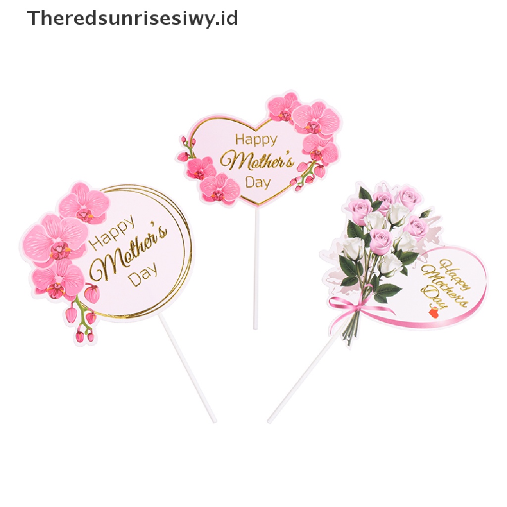 # Kado Mom &amp; PAPA DIY # 10pcs Topper Kue Happy Mother's Day Pink Heart Flower Rose Toppers Cupcake Dess~