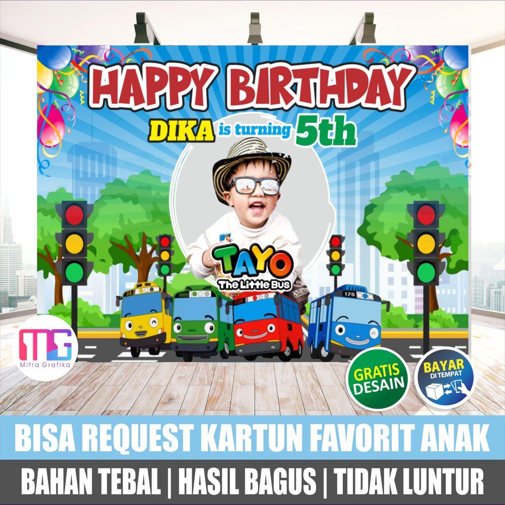 Cetak Spanduk ultah anak tema bus Tayo  / banner ulang tahun anak tayo and friend /backdrop perlengk