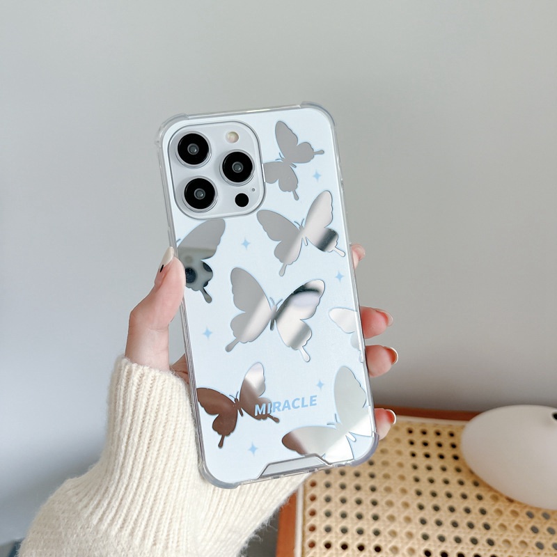 [Anti Jatuh Cermin] Pretty Silver Makeup Silikon Soft Case IPhone 6S 7 8 Plus X XR XS Max IPhone 11 12 13 14 Pro Max 14 Plus7+8+12 13 mini Untuk Wanita Cewek Pretty Butterfly