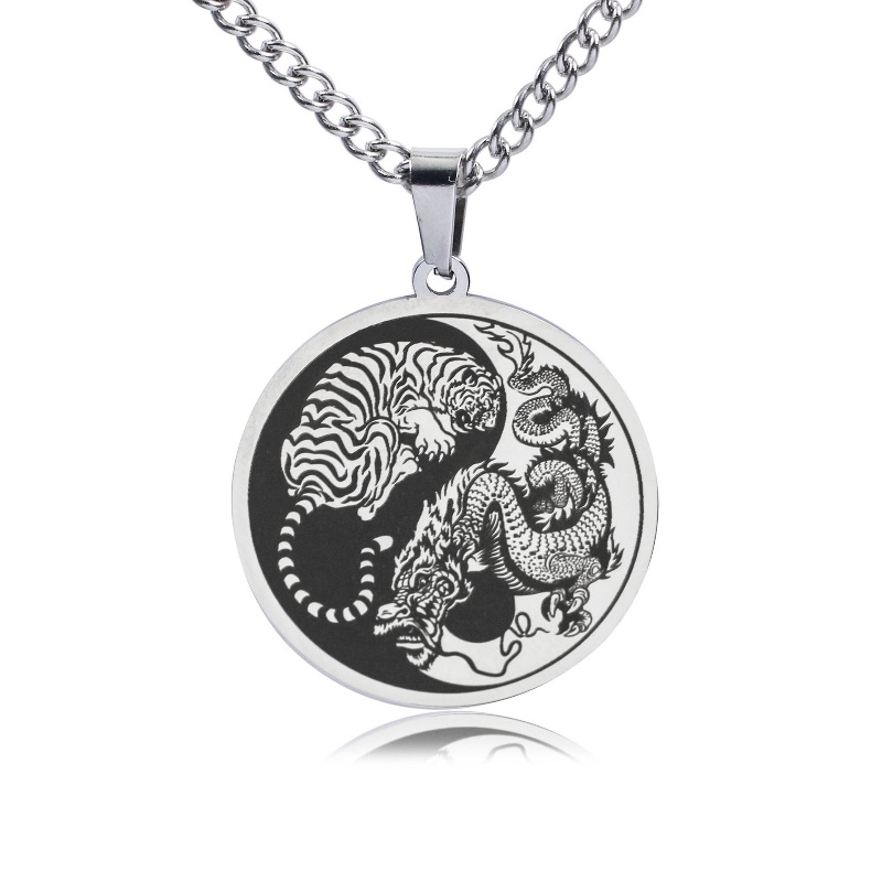 Z H Perhiasan Hip-hop Rock Stainless Steel Mendominasi Naga Harimau Yin Yang Tai Chi Liontin Untuk Pria Dan Wanita Fashionable Titanium Steel Kalung Retro Punk Aksesoris Pesta