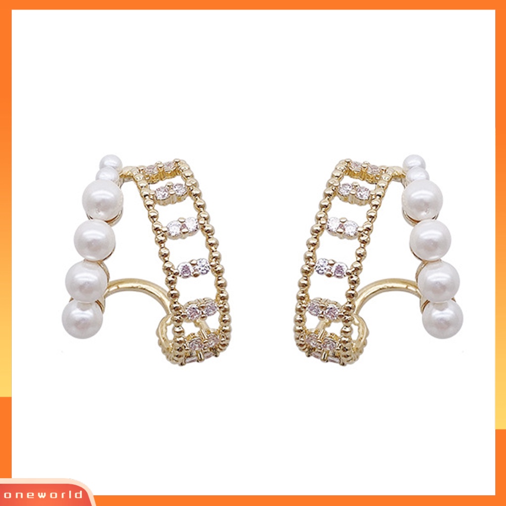 [EONE] 1pasang Anting Pejantan Hias Mutiara Imitasi Gaya Vintage Perancis Pengerjaan Halus Berdandan Elegan Cubic Zirconia Split Hoop Earrings Perhiasan Aksesori