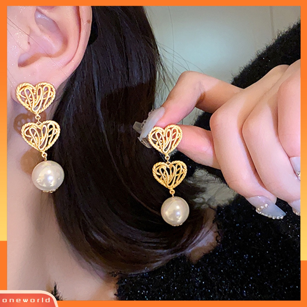 [EONE] 1pasang Drop Earrings Electroplating Berlebihan Liontin Geometris Menawan Dress Up Hypoallergenic Hati Emas Faux Pearl Earrings Fashion Perhiasan