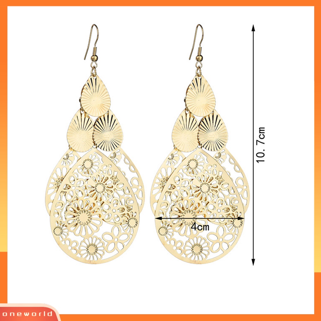 [EONE] 1pasang Anting Kait Berlebihan Retro Geometris Elegan Berongga Bunga Tetesan Air Liontin Wanita Menjuntai Anting Perhiasan Fashion