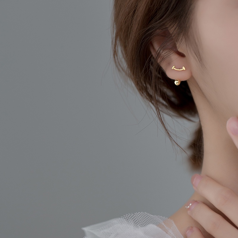 S925 Perak Korea Sederhana Smile Stud Earrings Sekrup Pengencang Gesper Anting Anting Anting Mini Hadiah