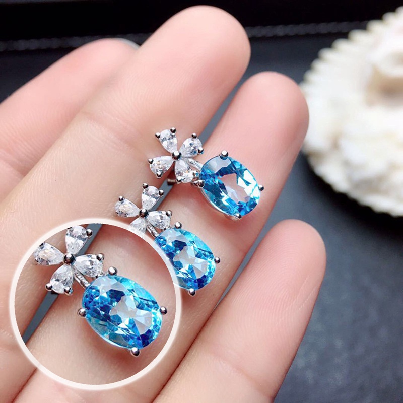 Sky Blue Cubic Zirconia Bunga Stud Anting Wanita Pertunangan Pesta Temperamen Aksesori Manis Perhiasan Fashion