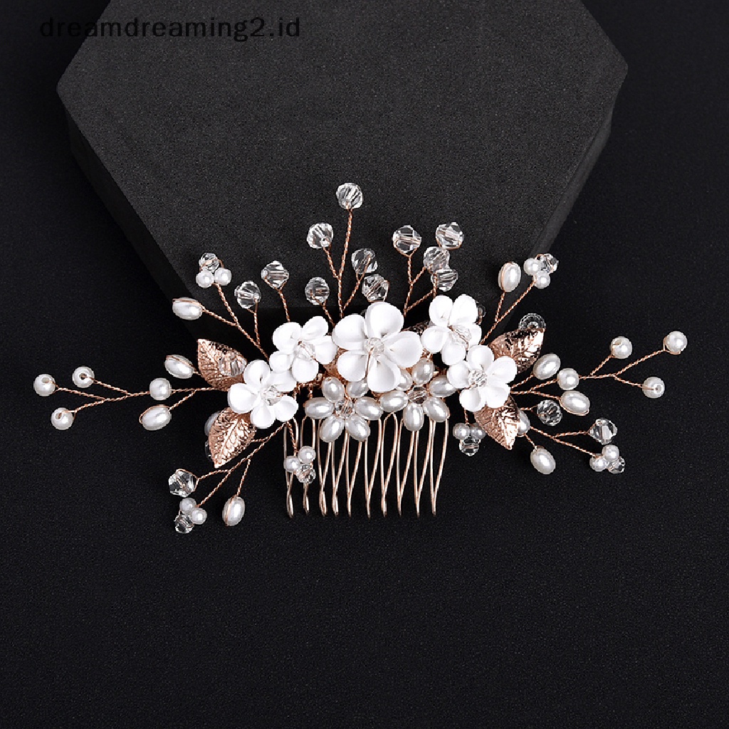 (dream) Bridal Kristal Sisir Rambut Headpiece Perhiasan Mutiara Bunga Handmade Jepit Rambut Klip Aksesoris Rambut Pernikahan Untuk Wanita Perempuan//