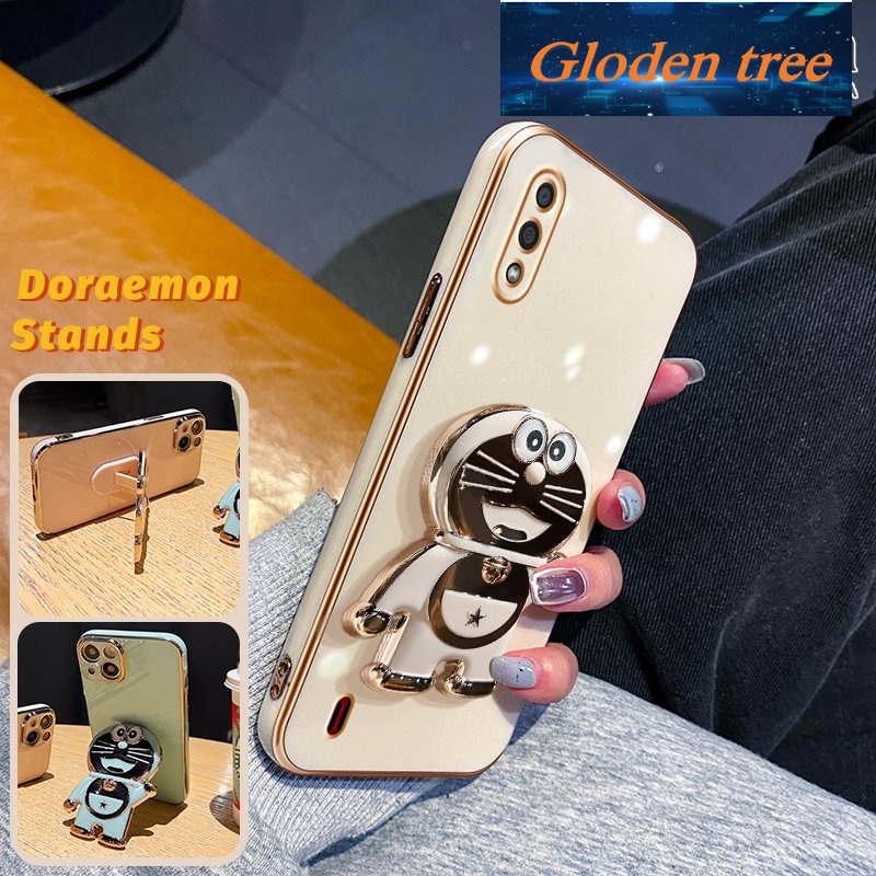 Gloden tree Casing Untuk Samsung Galaxy A01 Case Fashion Kartun Doraemon Lipat Stand Phone Case Electroplating Shockproof Phone Holder Case