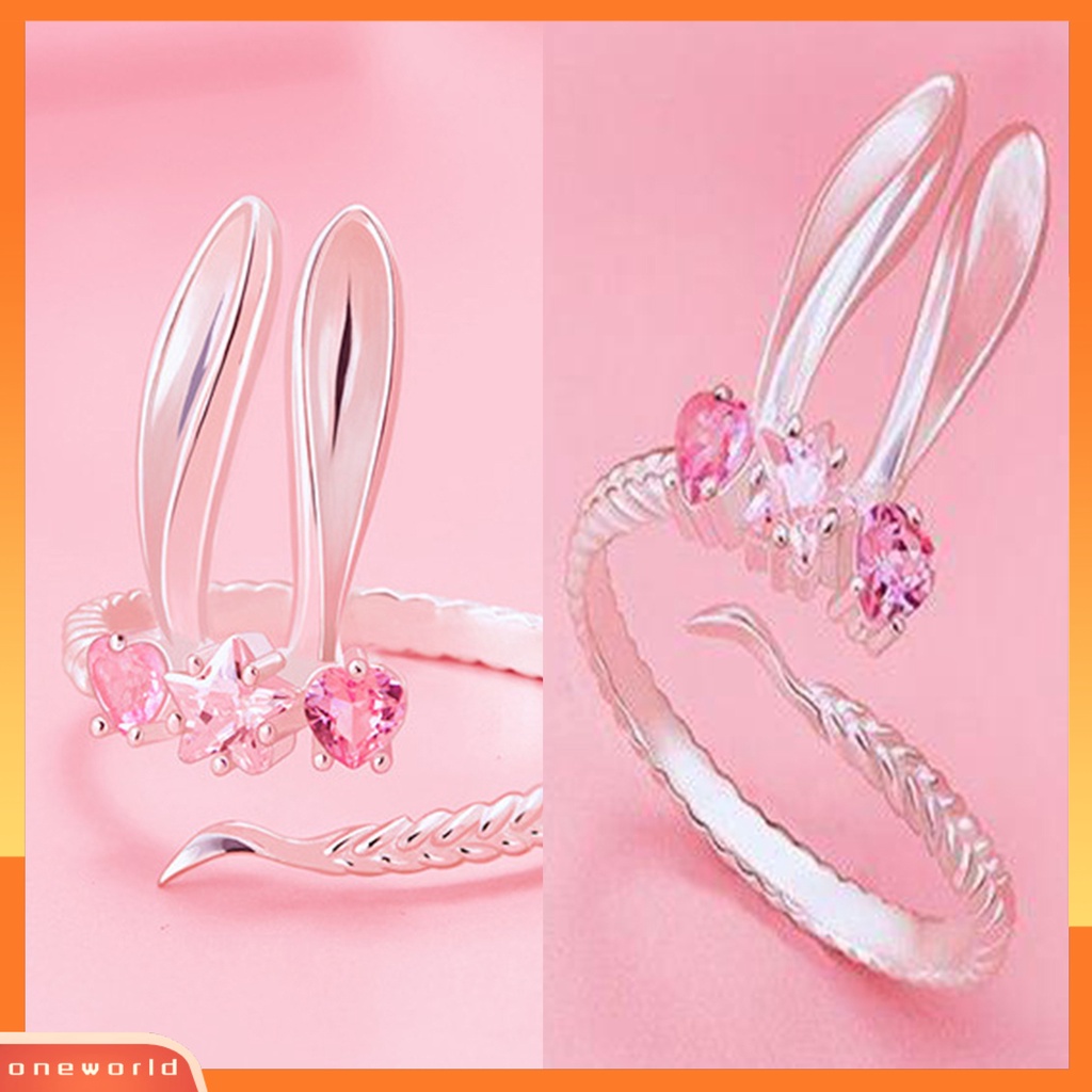 [EONE] Wanita Cincin Pembukaan Lucu Manis Hadiah Hari Valentine Merah Muda Berlian Imitasi Tertanam Kelinci Jari Cincin Perhiasan Fashion