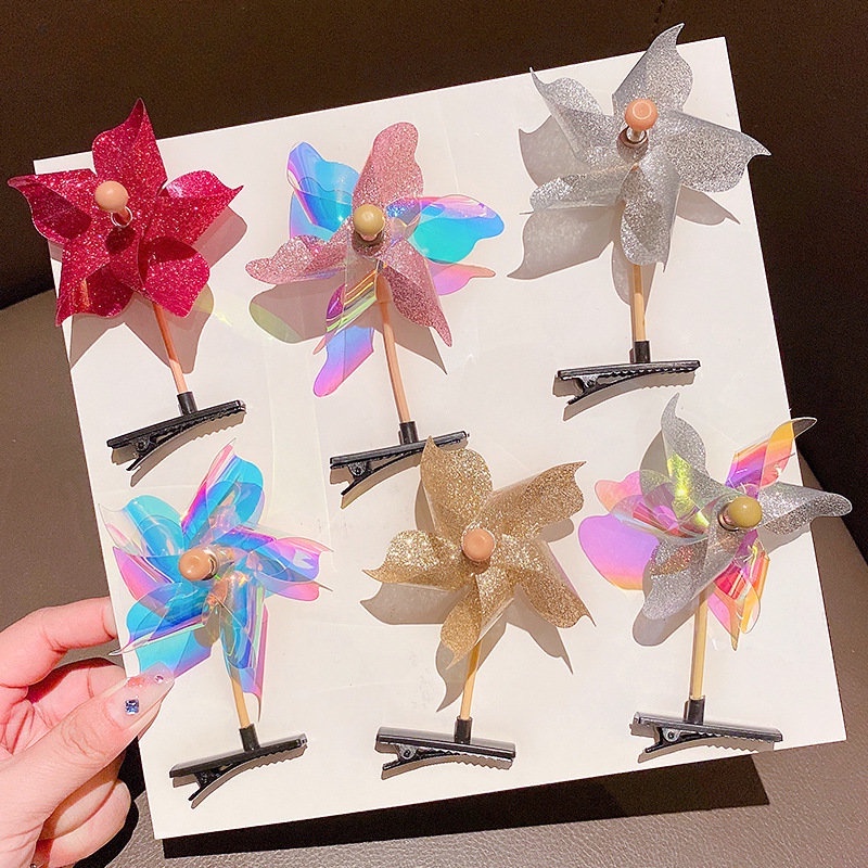 Random 1Pc Anak Laser Sequin Rotary Windmill Hairpin Wind-Mill Mainan Outdoor Windmill Hair Clip Gadis Lucu Kreatif Mini Kecil Kincir Angin Aksesoris Rambut Anak Warna-Warni