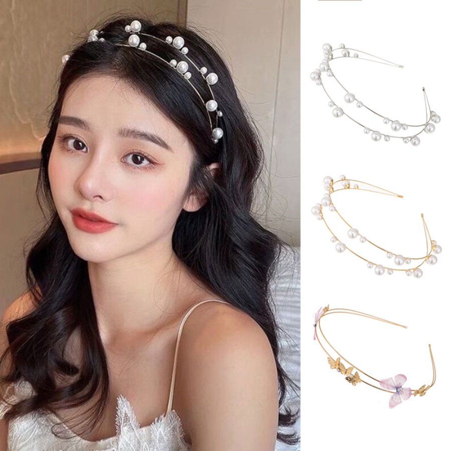 Korea Alloy Double Layer Headband Mutiara Kupu-Kupu Kristal Rambut Band Woman Aksesoris Rambut