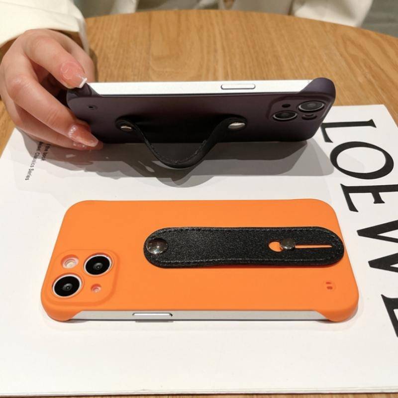 IPHONE Slim Frameless Leather Wrist Strap Holder Phone Case Untuk Iphone14 13 12 Pro MAX Plus Sarung PC Keras Tahan Guncangan Untuk Iphone11