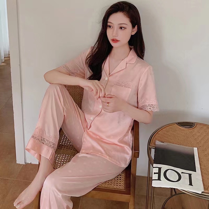 2023 new Korean version thin pink pajamas set/short sleeve top+trousers two -piece home clothing