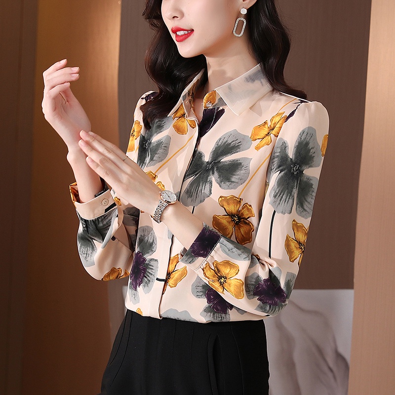 Kualitas Tinggi Fashion Korea Retro Kemeja Wanita Lengan Panjang Sifon Motif Bunga Atasan Kerja Santai