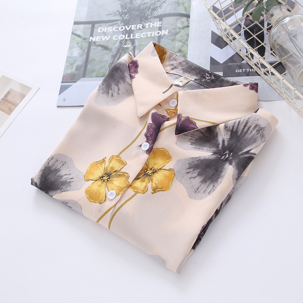 Kualitas Tinggi Fashion Korea Retro Kemeja Wanita Lengan Panjang Sifon Motif Bunga Atasan Kerja Santai