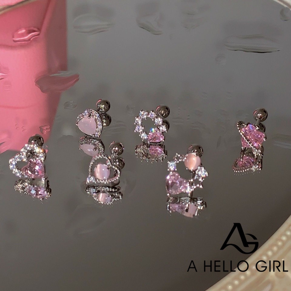 Ahellogirl Anting Kristal Zircon Hati Pink Lapis Silver S925 Untuk Wanita Perempuan