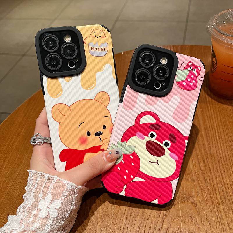 So Cute Strawberry Bear Winnie bear Leather Soft Case IP IPhone 7 8 Plus SE 2020 X XR XS Max 11 12 13 14 Pro Max 14 Plus Camera Protect for Women Girl