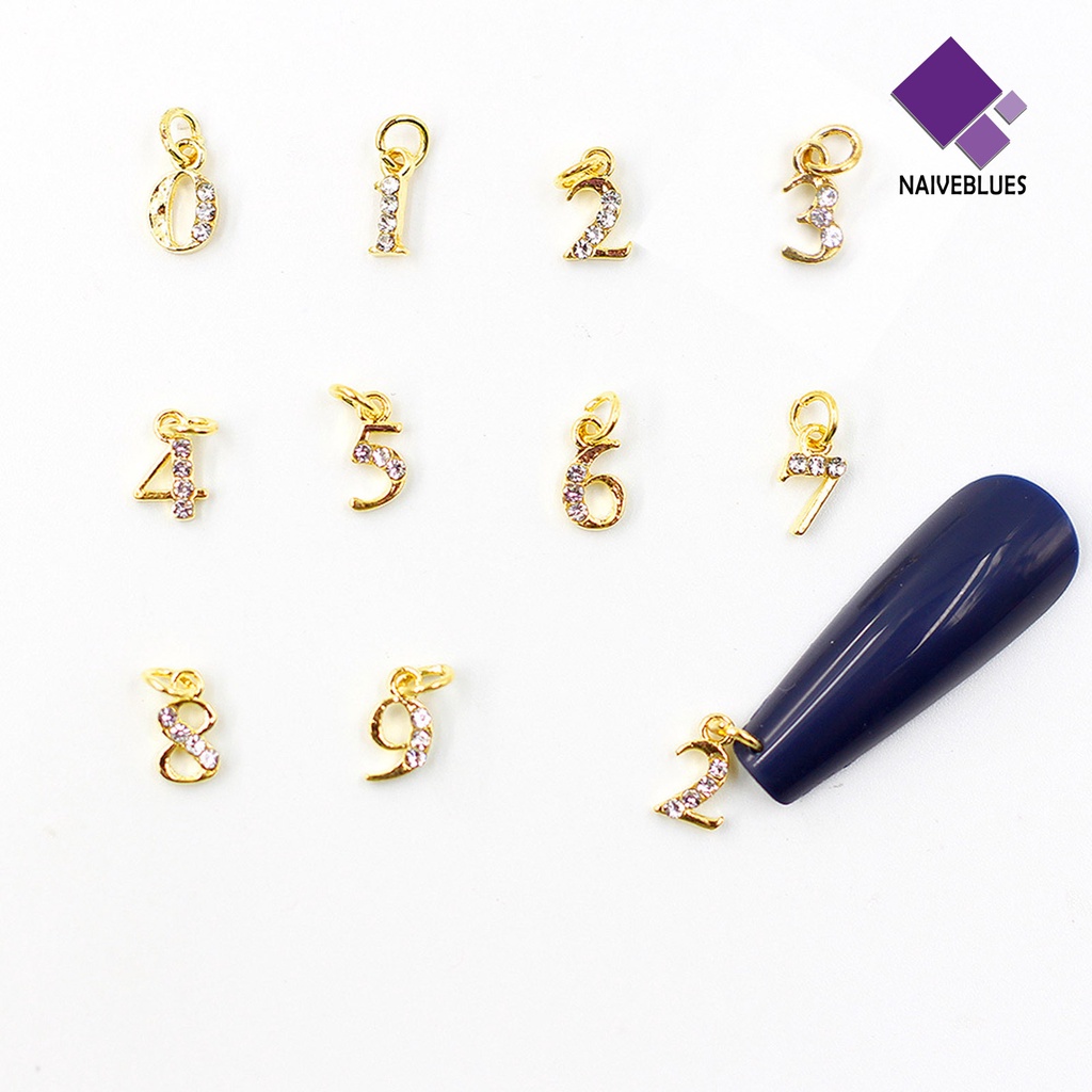 [naiveblues] 10pcs Liontin Kuku 0-9 Angka Menjuntai Pesona Kuku 3D Berlian Imitasi Alloy Nail Art