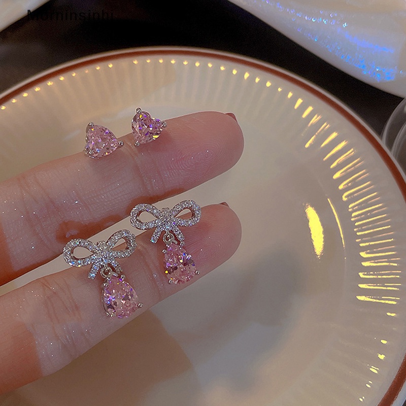 Mornin 1/2pasang Bersinar Pink Zirkon Tetesan Air Busur Stud Anting Perhiasan Hati Romantis id