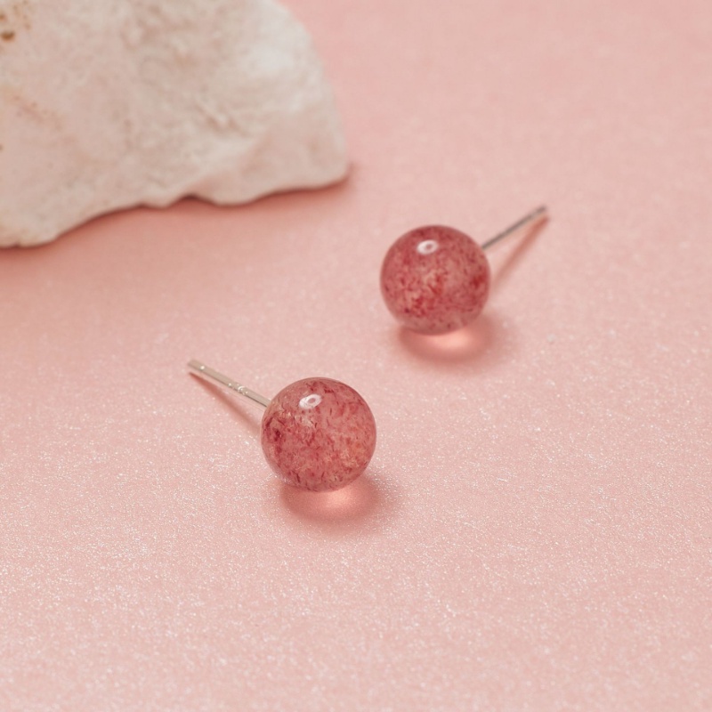 S925 Perak Kristal Strawberry Telinga Studs Temperamen Perempuan Korea Sederhana Merah Muda Kristal Telinga Perhiasan Hadiah