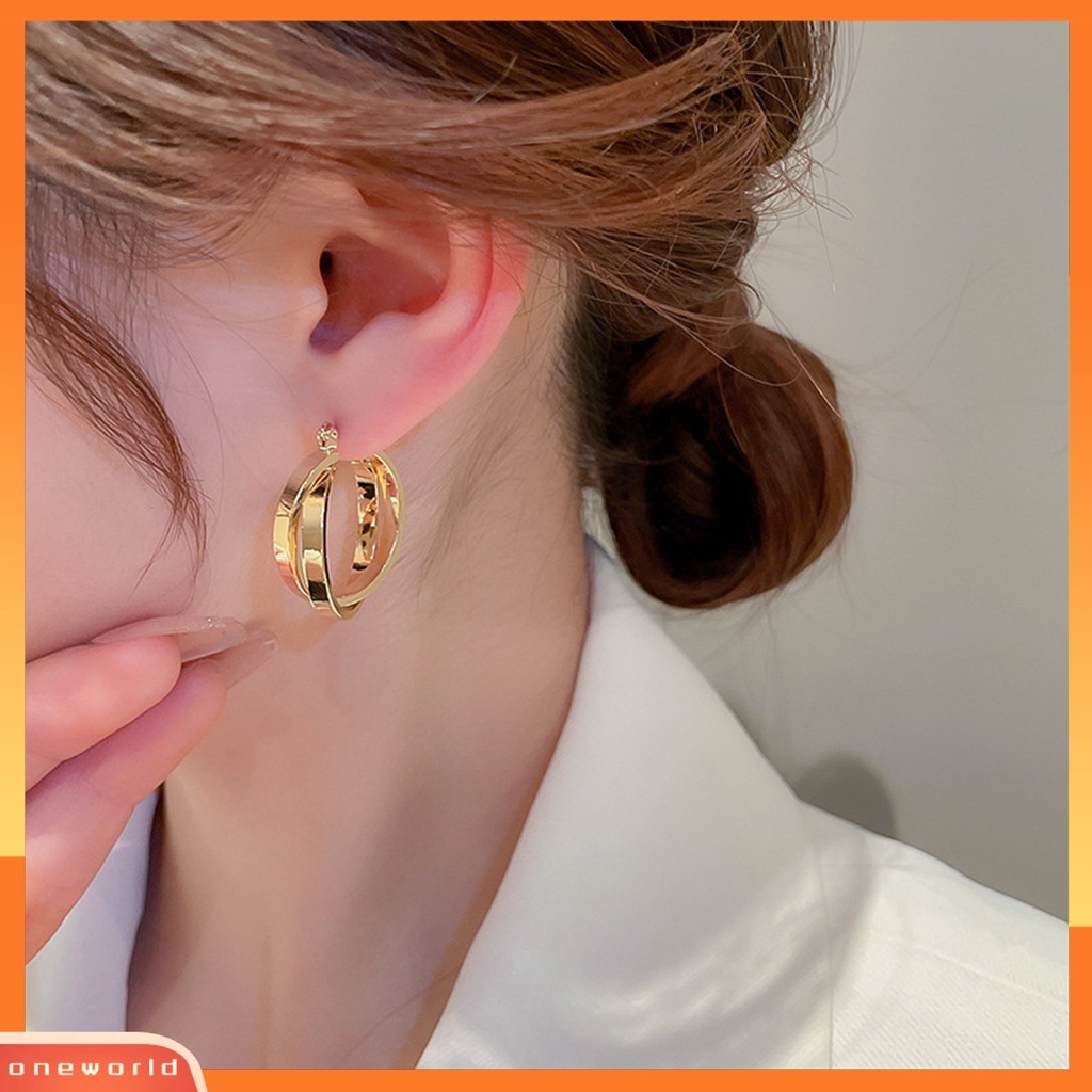 [EONE] 1pasang Anting Hoop Dual Cross Rings Geometris Temperamen Elegan Dipoles Hadiah Paduan Emas Logam Lingkaran Anting Perhiasan Fashion