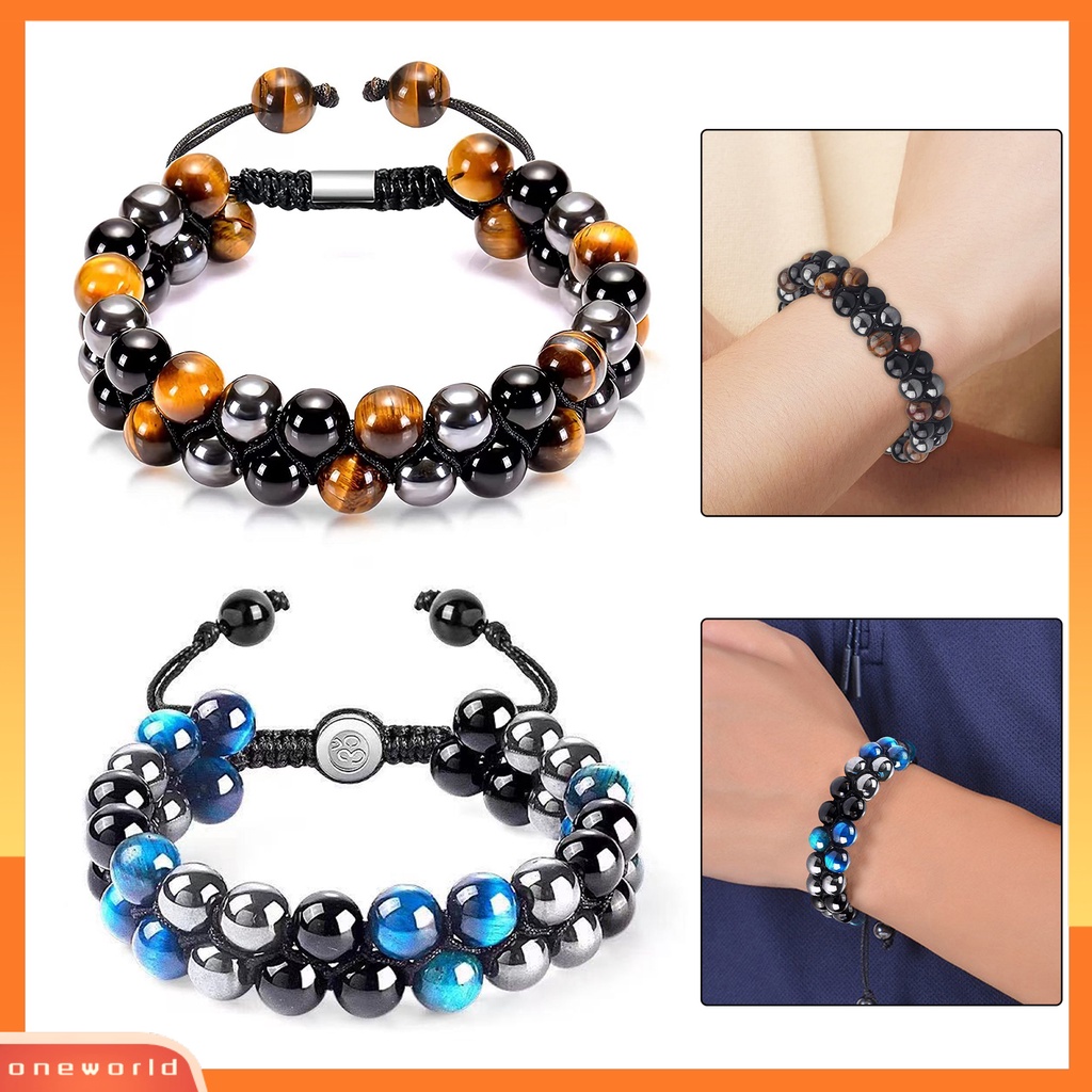 [EONE] Manik-manik Gelang Adjustable Manik-Manik Lapisan Ganda Perlindungan Tiga Tali Elastis Membawa Keberuntungan Hadiah Pria Wanita Alami Faux Tiger Eye Healing Bracelet Untuk Teman