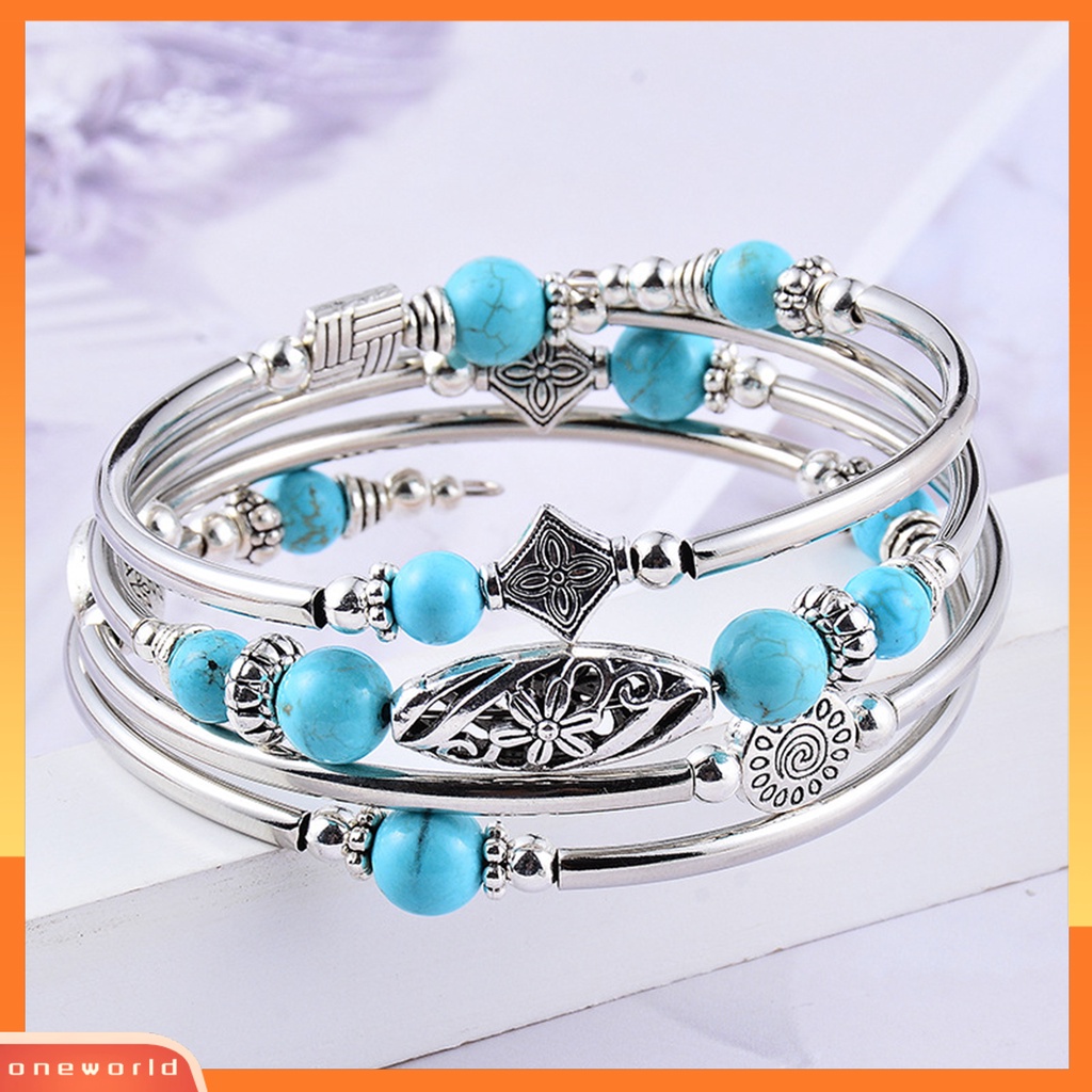 [EONE] Wanita Bangle Batu Alam Etnik Multi Layered Retro Biru Turquoise Beads Bungkus Gelang Perhiasan Aksesoris