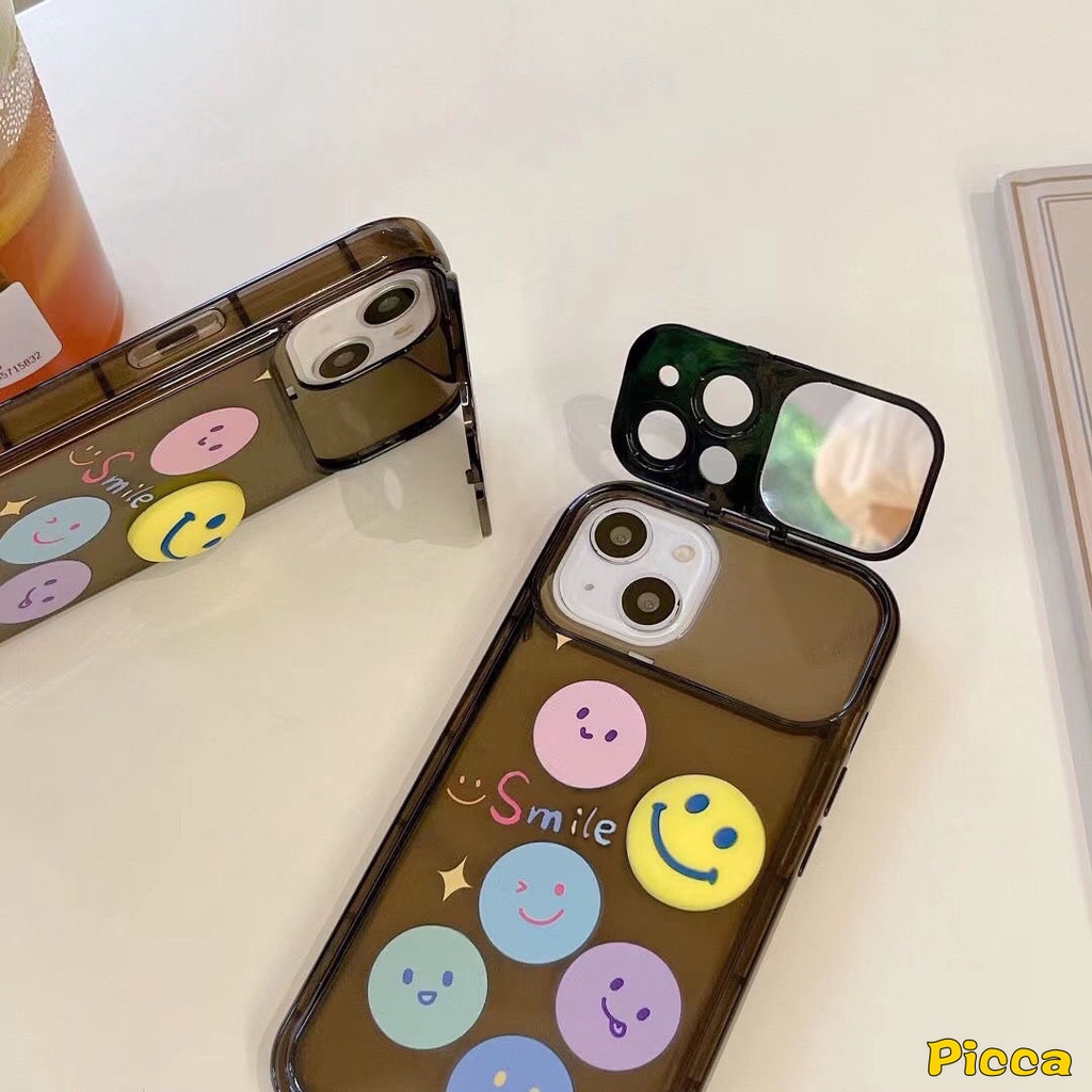 Casing Cermin Make Up Flip Kreatif Untuk Oppo A57 A15 A12 A7 A15s A3s A5s A5 A9 A53 A31 A33 2020 A12E A77 A77s A11K A11 A35 Kartun Lucu Smiley Case Soft Cover Dengan Gelang