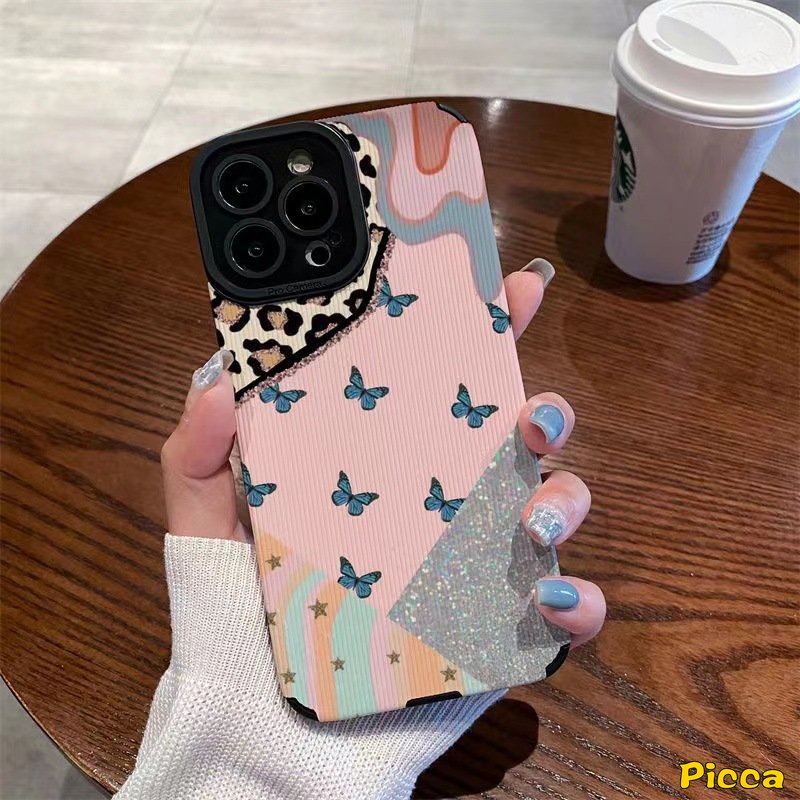 IPHONE Retro Kupu-Kupu Leopard Bling Jahitan Kontras Casing Ponsel Kompatibel Untuk Iphone11Xr 78 Plus 11 12 13 14 Pro MAX X XS MAX 7Plus Tekstur Kulit Mewah Shockproof Soft Tpu Cover