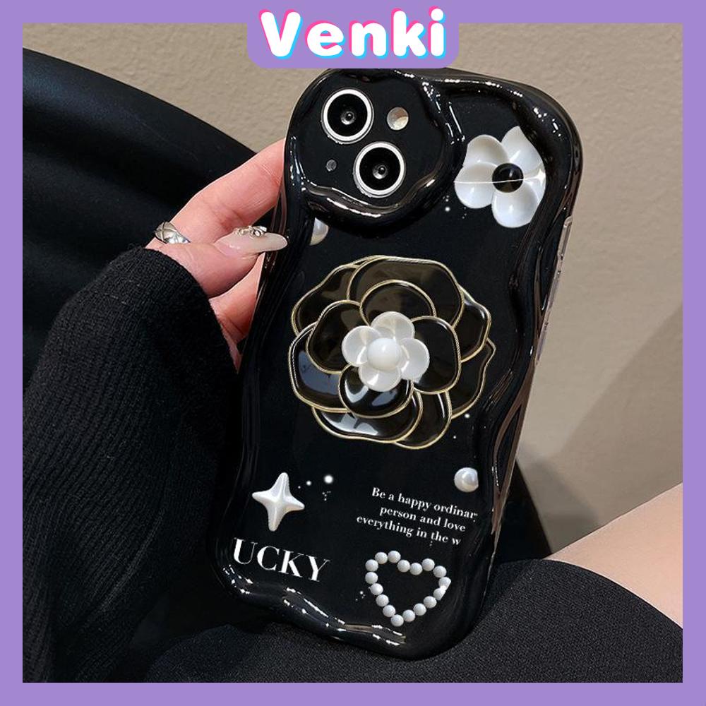 VENKI - For iPhone 11 iPhone Case 3D Curved Edge Wave Glossy Black TPU Airbag Shockproof Camera Cover Luxury Camellia Compatible with iPhone 14 13 Pro max 12 Pro Max xr xs max 7 8