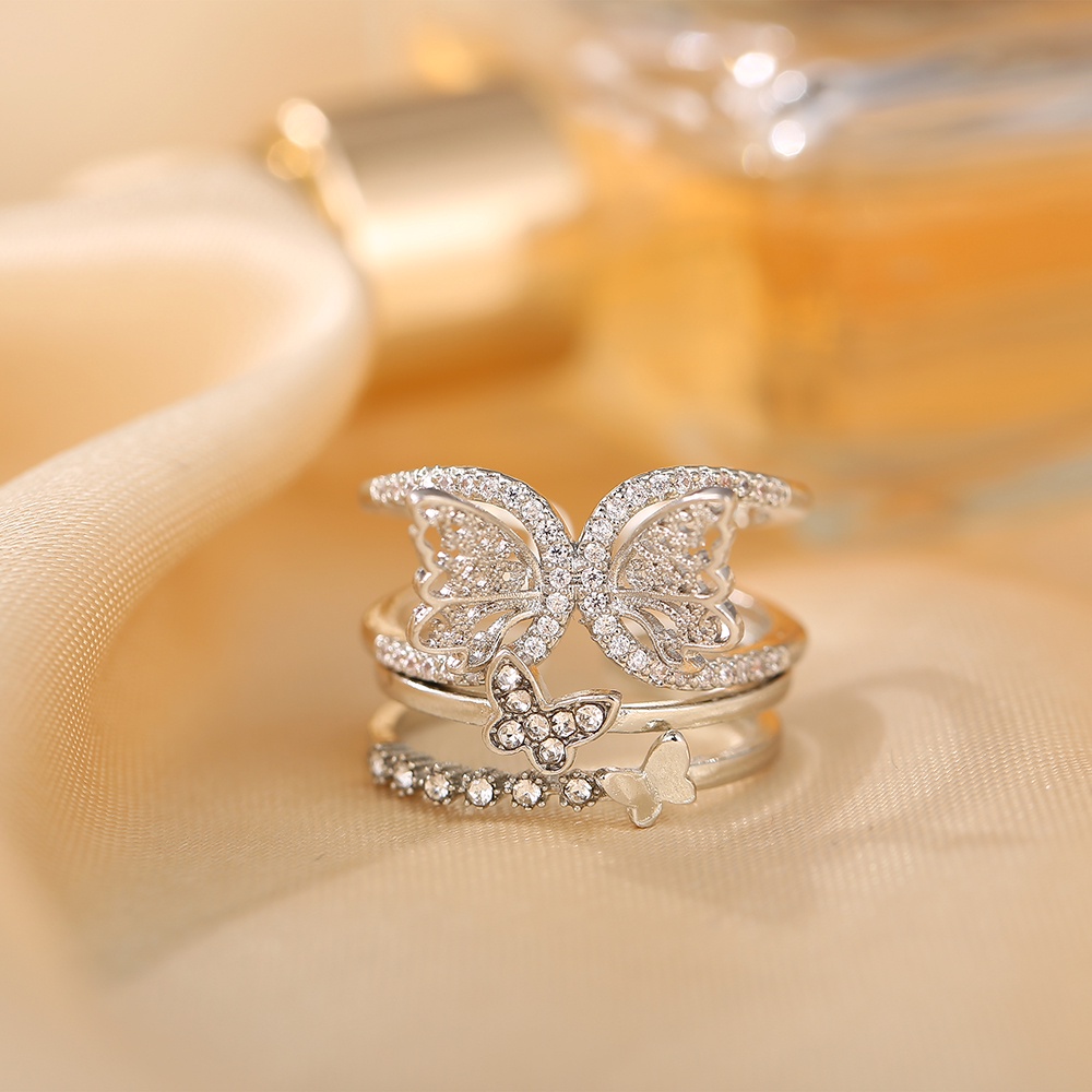 Cincin Korea Y2k Silver Butterfly Ring Jari Zirkon Elegan Untuk Aksesoris Perhiasan Wanita