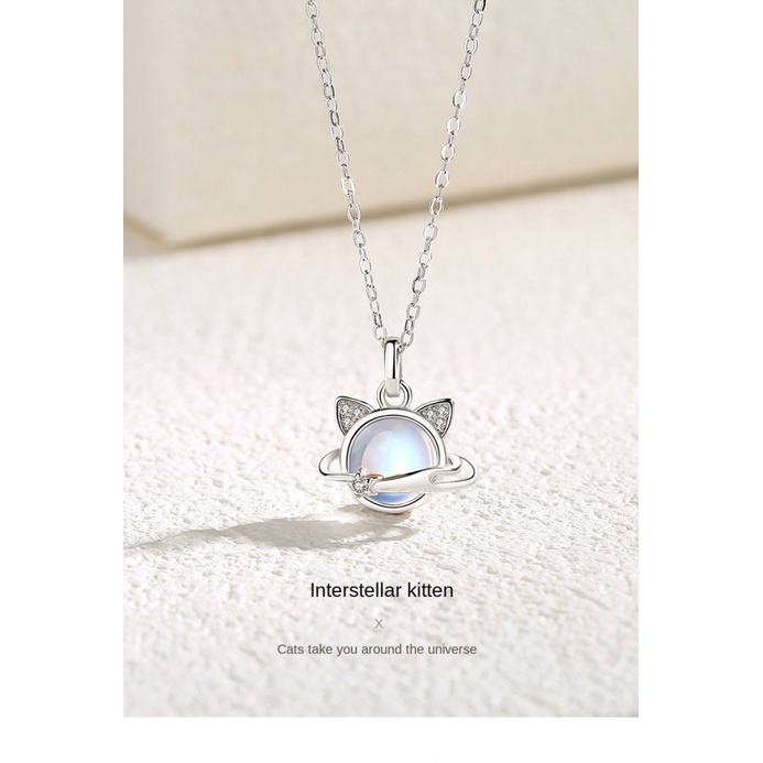 Sterling Silver Hug Planet Kucing Kalung Perempuan Musim Panas Gaya Baru Niche ins Moonstone Pendant Influencer Rantai Klavikula