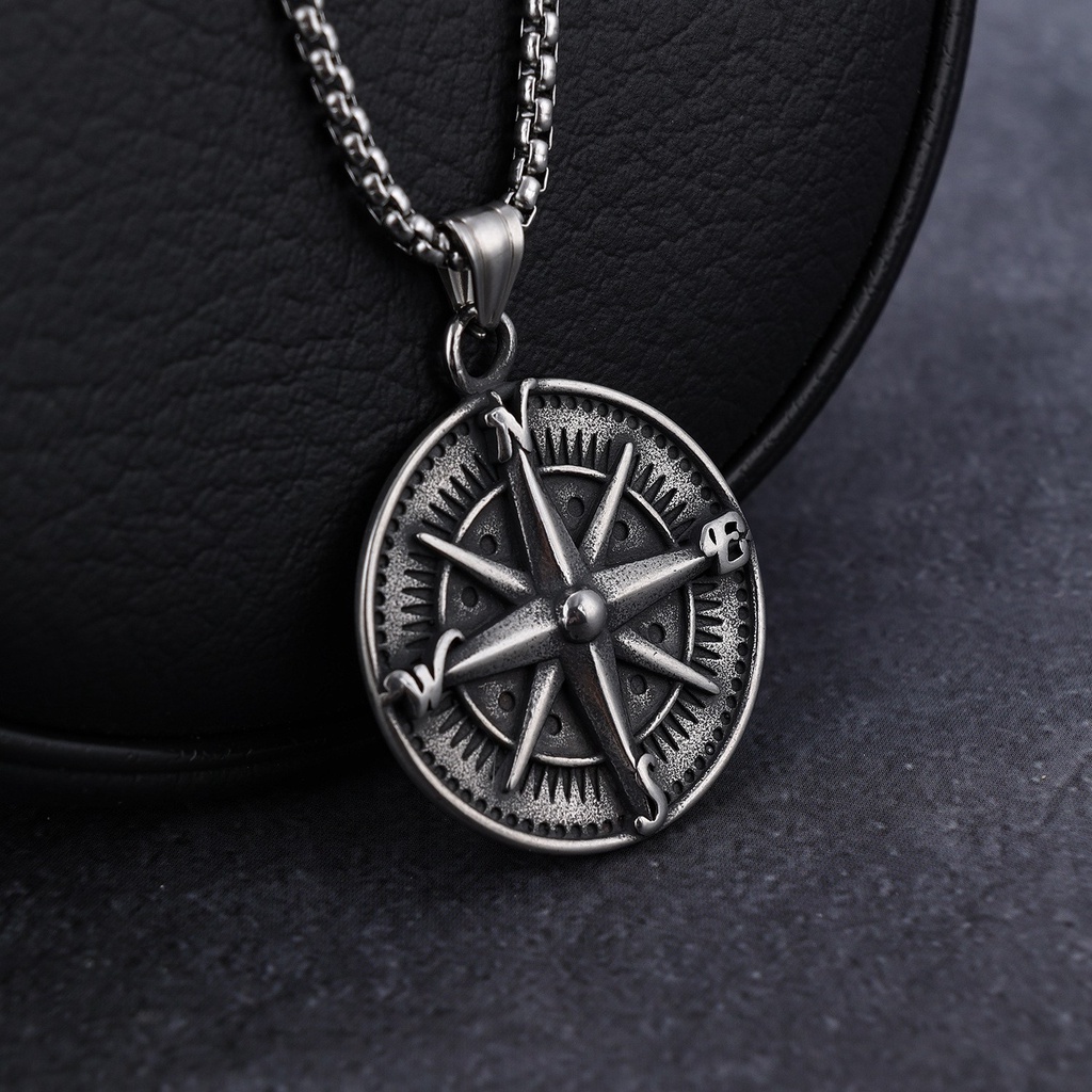 [X C Kalung] Baru Silvery Six Star Compass Pendant Punk Hip Hop Stainless Steel Kalung Hadiah Pesta Ulang Tahun Untuk Pria Dan Wanita